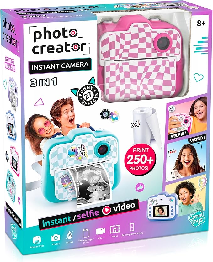 Photo Creator 3-in-1 Instant Camera for Kids – Pink; Camera, Instant Printer & Photo Booth with Fun Frames & Filters