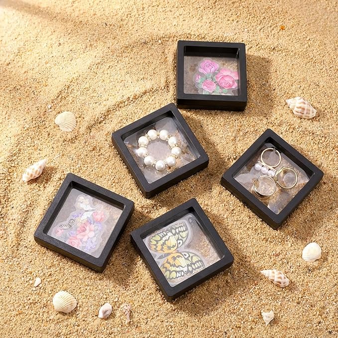 Oqqlin 60 Pcs 3D Floating Display Case, 2.8 x 2.8 x 0.8 Inch Clear PE Film Jewelry Display Case Black Square Coin Holder for Jewelry, Rings, Antique Challenge Coins, Shells, Rocks, Specimen