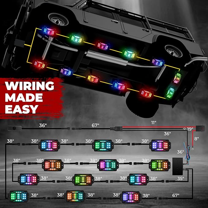 12 Pods Five Sided RGB Rock Lights for Trucks Jeep UTV SUV ATV Golf Cart, Multi Chasing Color App/Remote Control Led Rock Lights with Music Mode, Waterproof Exterior Underglow Kits for Cars