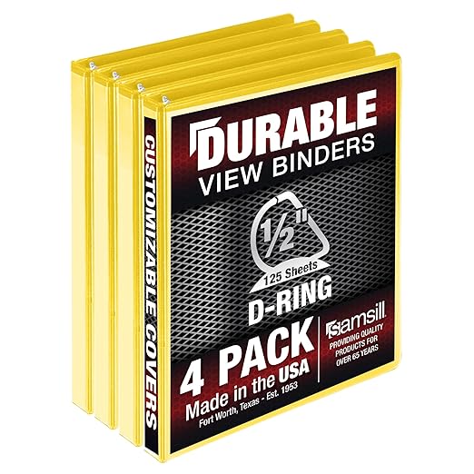 Samsill Durable 0.5 inch 3 Ring Binder, Made in USA, D Ring Binder, FSC 100% Recycled Chipboard, Yellow, 4 Pack