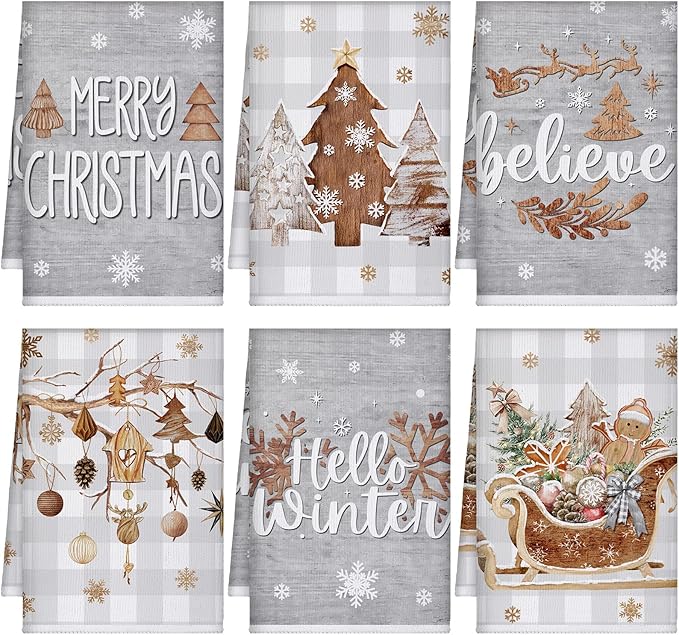 Preboun 6 Pcs Christmas Kitchen Towels Grey Buffalo Plaid Xmas Tree Brown Christmas Dish Hand Kitchen Towels Hello Winter Bathroom Decoration Dish Cloth Tea Cloth