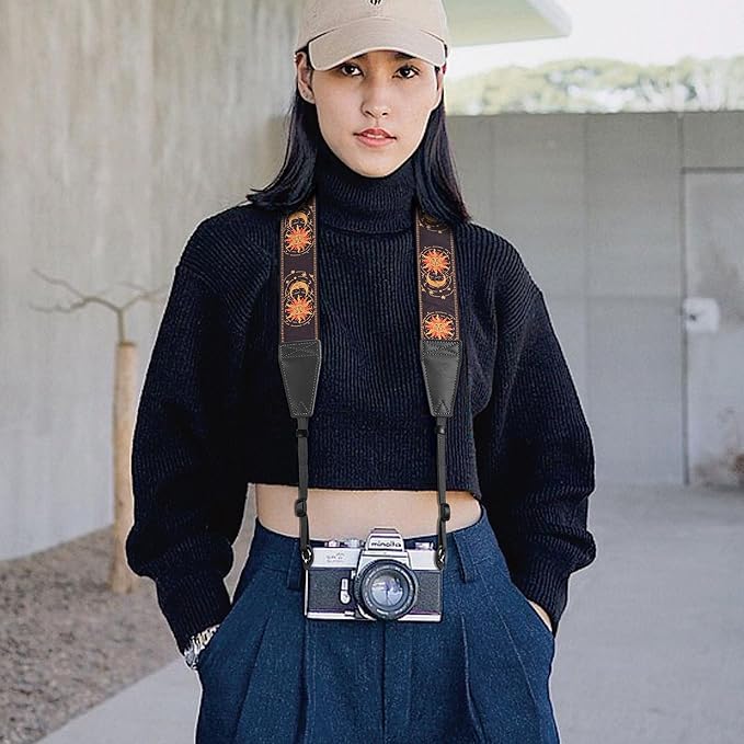 Padwa Lifestyle Helios Moon God Camera Strap -2" Full Grain Leather Ends Camera Straps for Photographers, Vintage Embroidered Cotton Weave Soft Suede Fabric Padded Strap Quick Release fits All Cameras