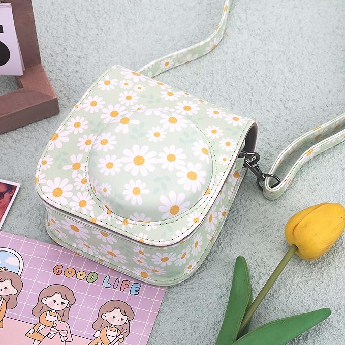 Frankmate Protective Case Fit for Fujifilm Instax Mini 12 11 9 8 Camera, PU Leather Camera Bag with Pocket and Adjustable Shoulder Strap (Green Daisy)