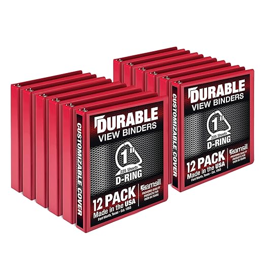 Samsill Durable 1 inch 3 Ring Binder, Made in USA, D Ring Binder, FSC 100% Recycled Chipboard, Red, 12 Pack