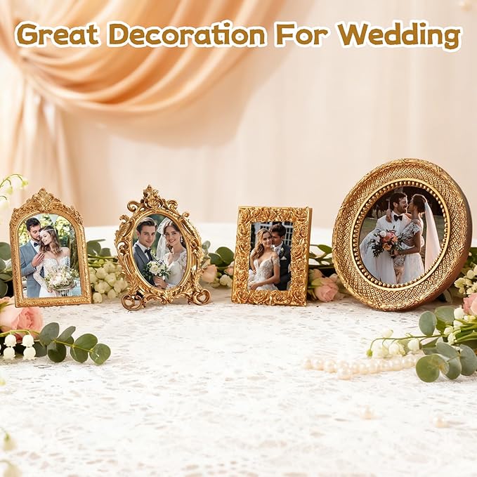 4 Pcs Gold Vintage Picture Frames for Tabletop Display Wall Hanging, Ornate Antique Photo Frame with Stand and Hanging Hook, Royal Style Wall Art Decor for Home Wedding Gallery Photography Props