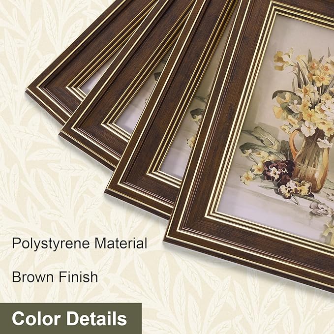 Vittanly 8x10 Picture Frame Set of 4, Vintage Photo Frame for Wall or Tabletop, Display 5x7 Pictures with Mat or 8x10 without Mat, Rustic Farmhouse Home Decor, Brown