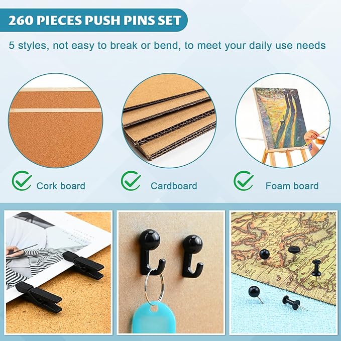 260 Pcs Push Pins Set 5 Styles Black Thumb Tacks Cute Push Pins for Bulletin Board, Cork Board
