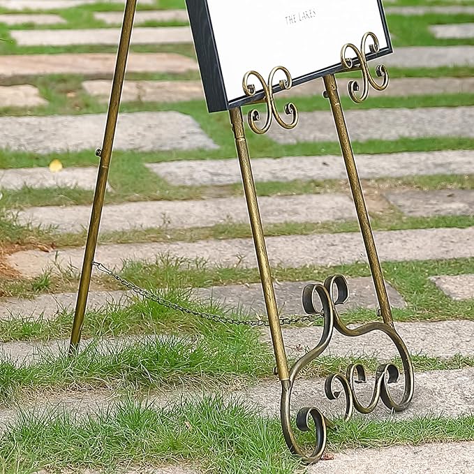 56" H Metal Scroll Extra Large Free Standing Adjustable Display Easel, Vintage Decorative Floor Display Stand Easel with Chain Support for Picture Frame Wedding Sign