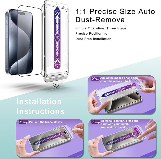 SHANG PIN JIA 2 Pack Screen Protector Tempered Glass for iPhone 15 Pro 6.1-Inch Auto Dust Removal, No Bubbles, High Definition Clear, Easy Installation
