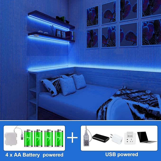 Blue COB LED Strip Lights Battery Powered with Remote, 6.56FT 640LED Light Strip Dimmable Cuttable Flexible Wireless LED Tape Light for DIY Display, Back Light Design, Kitchen, Boat, Car Decoration