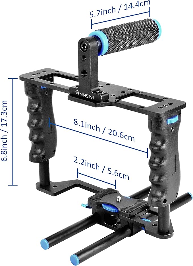Camera Cage Aluminum Movie Filmmaking Video Rig with Top Handle/Dual Side Grips/and Std 15mm Rail Rods for Canon EOS R5C R5 R6 Sony A7 Series A6600 Nikon