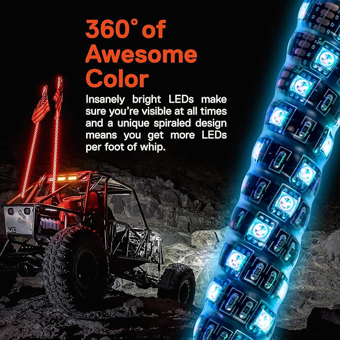 True Mods 2pc 6ft Spiral RGB LED Whip Light for UTV ATV [RF Wireless Remote] Flag Waterproof LED Lighted Whip CB Antenna Pole Stick for RZR Can-Am Polaris SxS 4x4 Quad Dune Buggy 4 Wheeler Accessories