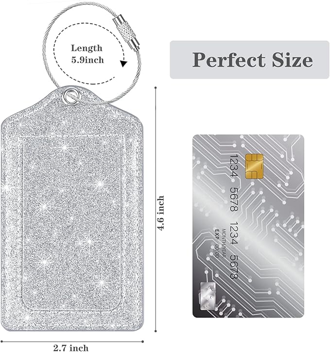 (Set of 2) Luggage Tag Leather Privacy Cover ID Label Address Card with Stainless Steel Loop, Travel Bag Tags Suitcase Labels, Glitter Silver