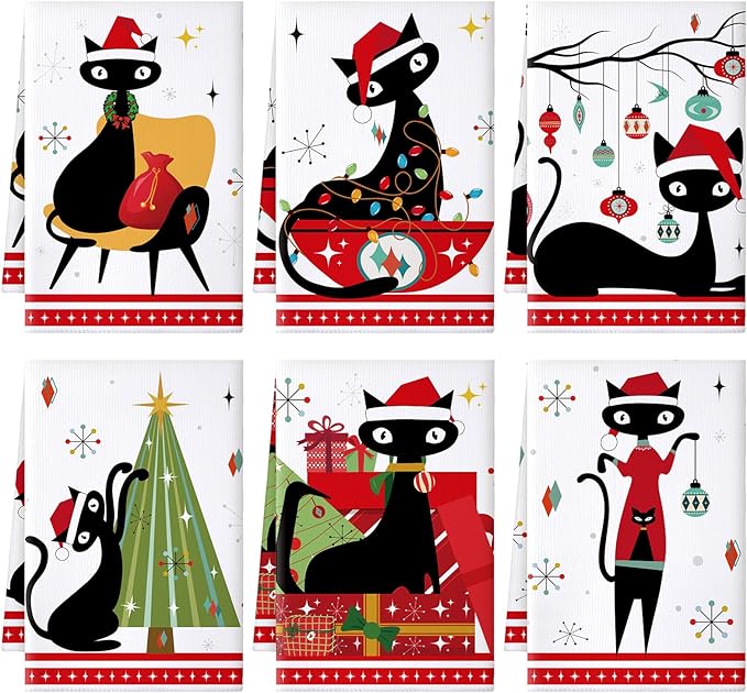 Preboun 6 Pcs Christmas Kitchen Towels Mid Century Hand Towels Atomic Cat Xmas Dish Cloth Red Green Christmas Tree Gift Box Decorative Farmhouse Tea Cloth Absorbent for Holiday Kitchen Bathroom Decor