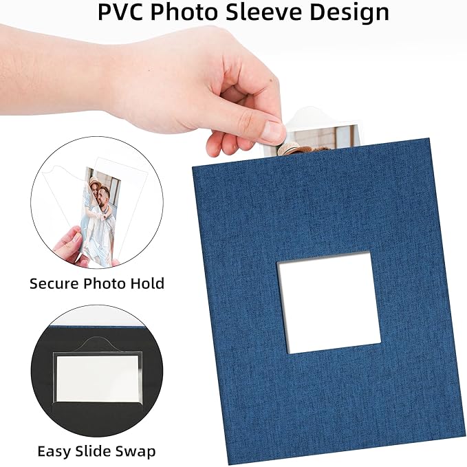 Remowith Cloth Cover Photo Album 4x6 with DIY Square Window Slip in Photo Book for Travel, Wedding, Anniversary 200 Pockets Navy Blue