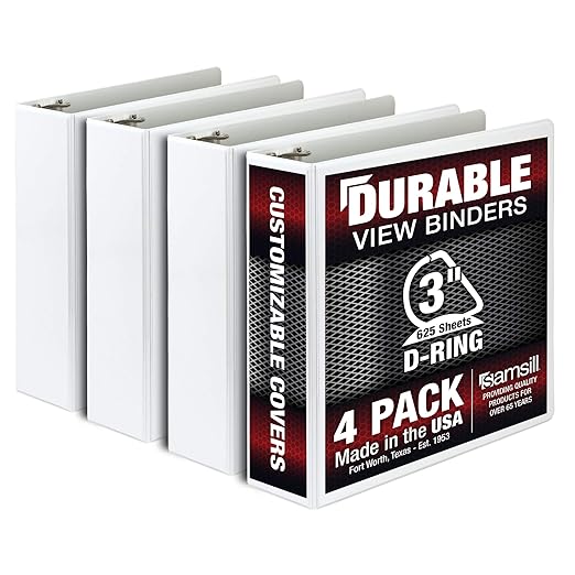 Samsill Durable 3 inch 3 Ring Binder, Made in USA, D Ring Binder, FSC 100% Recycled Chipboard, White, 4 Pack