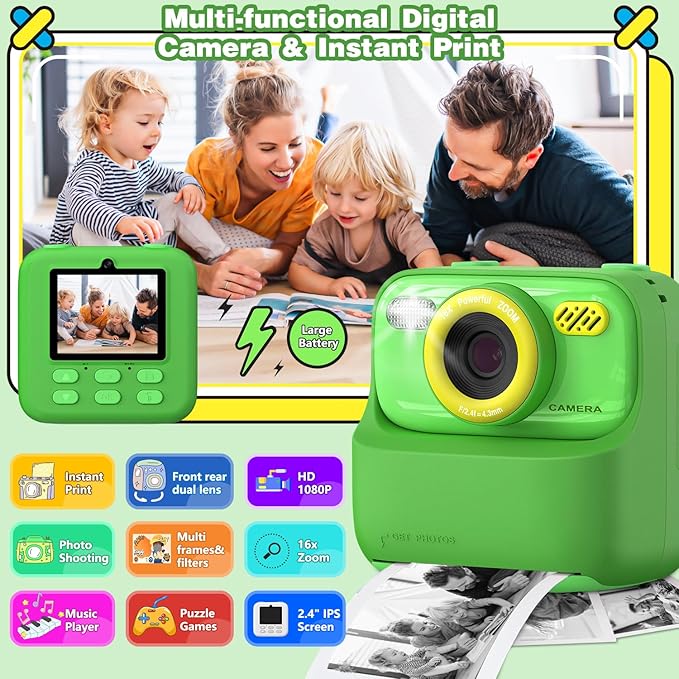 masterbee Kids Camera Instant Print Photo, Birthday Gifts for Girls and Boys, Kids Digital Camera Toys, 1080P HD Video, 3 4 5 6 7 8 9 10 11 12 Year Old Boy Gifts/Girl Gifts