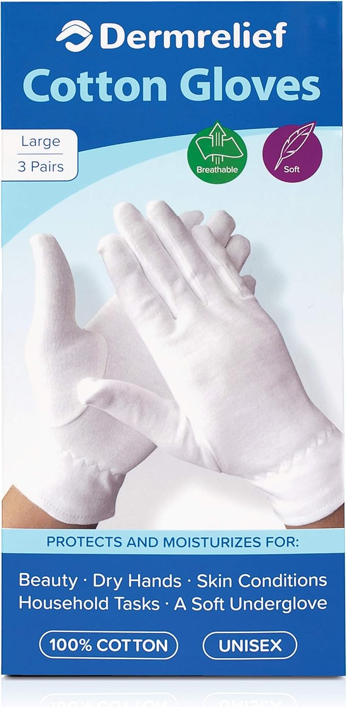 Dermrelief Cotton Gloves - for Beauty, Dry Hands, Eczema, Dermatitis and Psoriasis (Large, 3 Pairs)