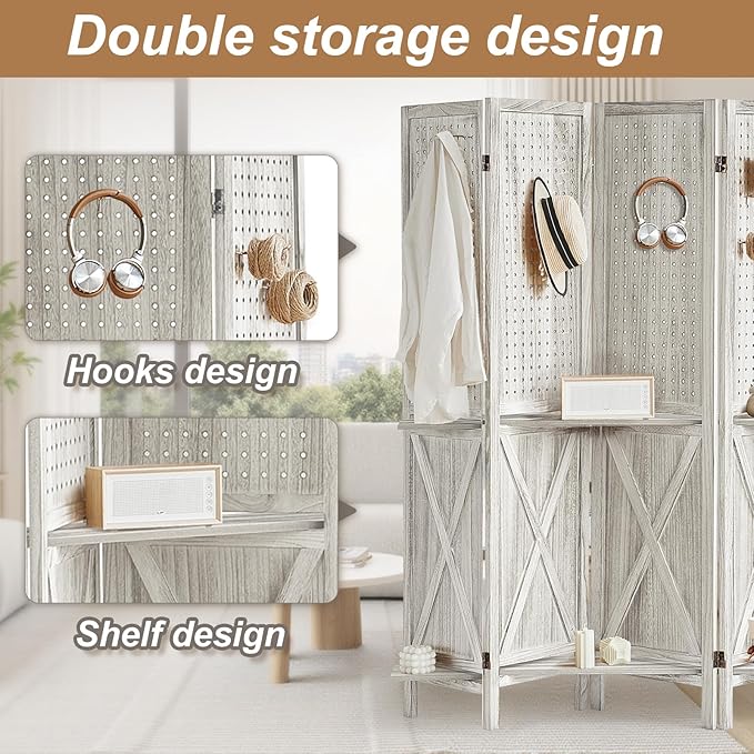 4 Panel Pegboard Display with 16 Hooks, Wooden Pegboard Room Divider Wall with Shelf, Partition Room Dividers and Folding Privacy Screens, Bedroom, Jewelry Store, White