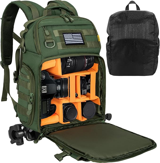 TORIBIO Camera Backpack for DSLR/SLR/Mirrorless Photography Camera, Waterproof Tactical Camera Travel Bag Backpack Case with 15.6" Laptop Compartment, Rain Cover & Tripod Holder