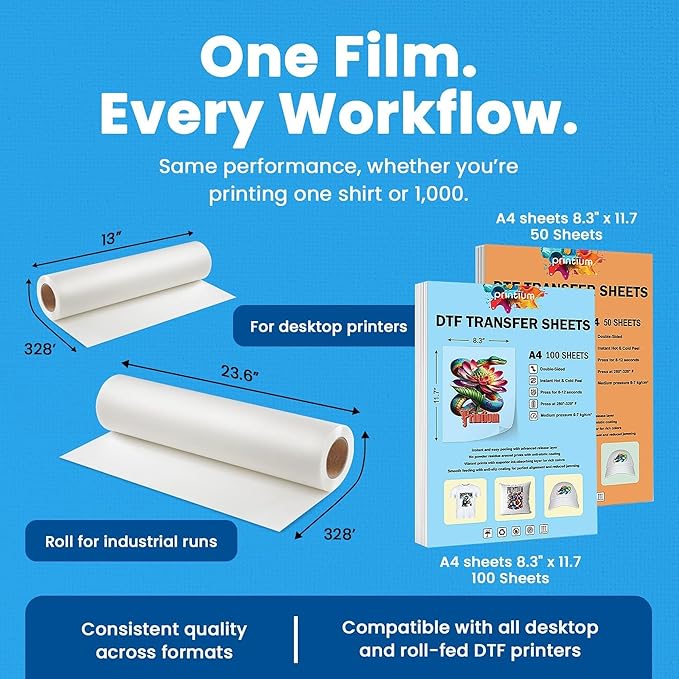 DTF Transfer Film Roll – Premium Plus A3+ 13 Inch x 328 Ft – Double Matte Anti-Static PET Film – Instant Hot & Cold Peel Heat Transfer Paper for DTF Printers – Vivid & Durable Prints