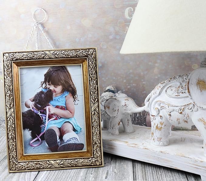 Hymmah 5 * 7inch Wallet Picture Frame Vintage Photo Frame Ornate Textured Hand-Crafted Resin Frame with Easel&Hook for Tabletop&Wall Display,Photo Gallery,Art