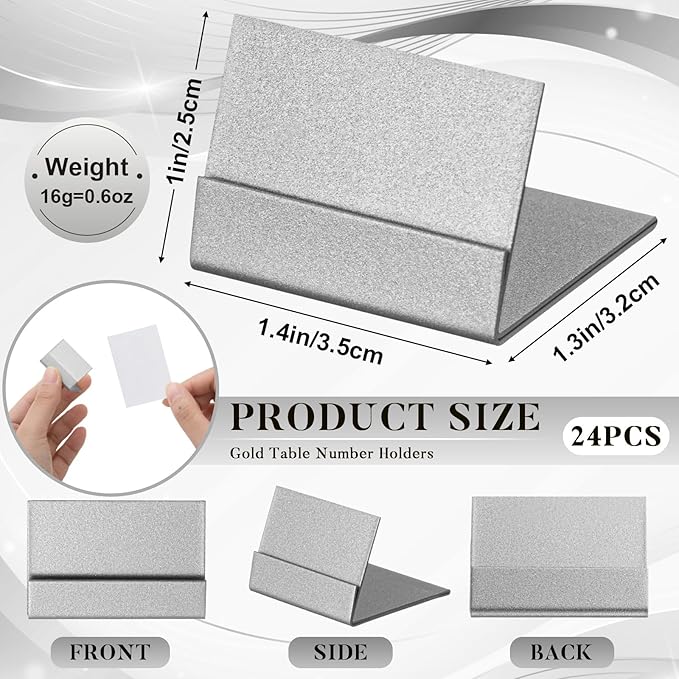 24 Pcs Small Table Number Holders Metal Place Card Holder Vintage Mini Table Number Name Card Display Stand for Wedding Memo Reception Photo Picture Party Restaurant, 1.4 x 1.3 x 1 Inch (Silver)