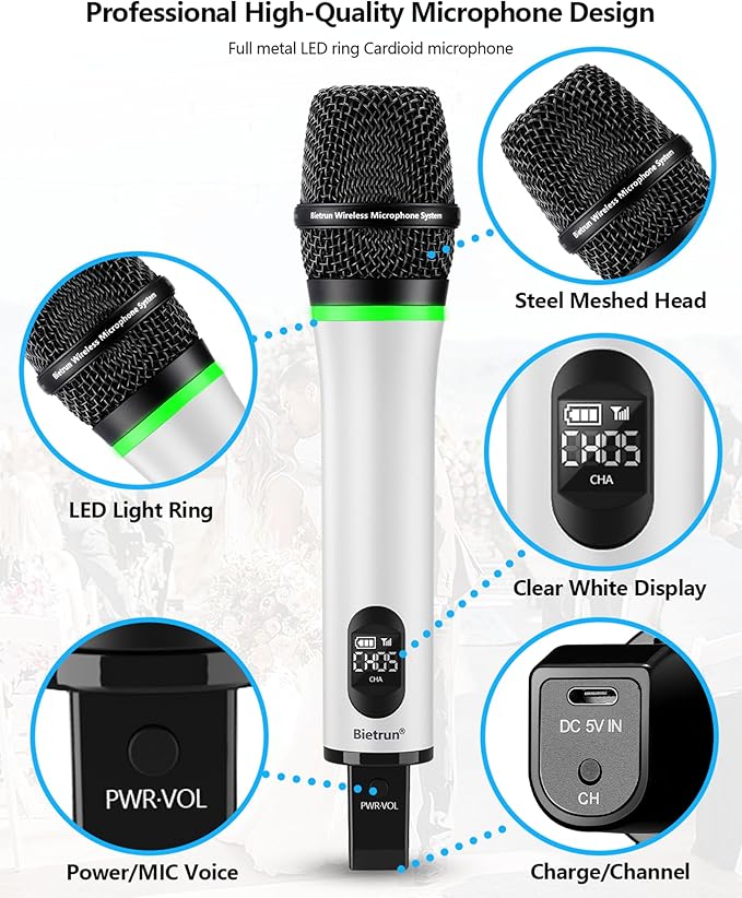 Bietrun Rechargeable Wireless Microphone,Dual Metal Cordless Handheld Dynamic Wireless Mics with Bluetooth, UHF 240FT Range for 1/4'',1/8''Output,PA System,Dj,Mixer,Church(White＆Black)