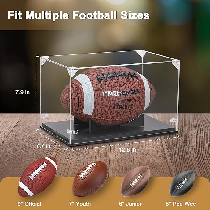 Football Display Case, Thickened UV Protection Clear Acrylic Lid Football Holder, Wood Football Base Stand Football Cases for Signed Football Full Size