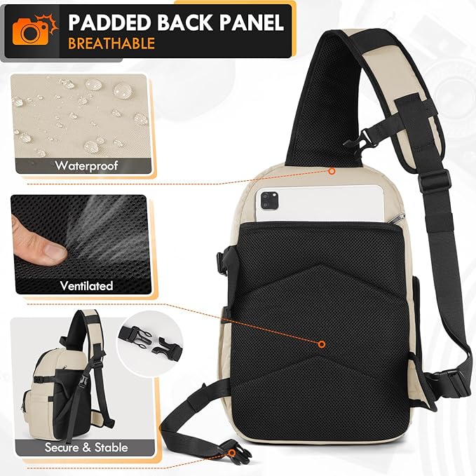 RAINSMORE Camera Bag, DSLR & Mirrorless Camera Sling Bag for Photographers Waterproof Small Camera Crossbody Case with Removable Padded Insert & Tripod Holder for Canon/Nikon/Sony/Fuji, Beige