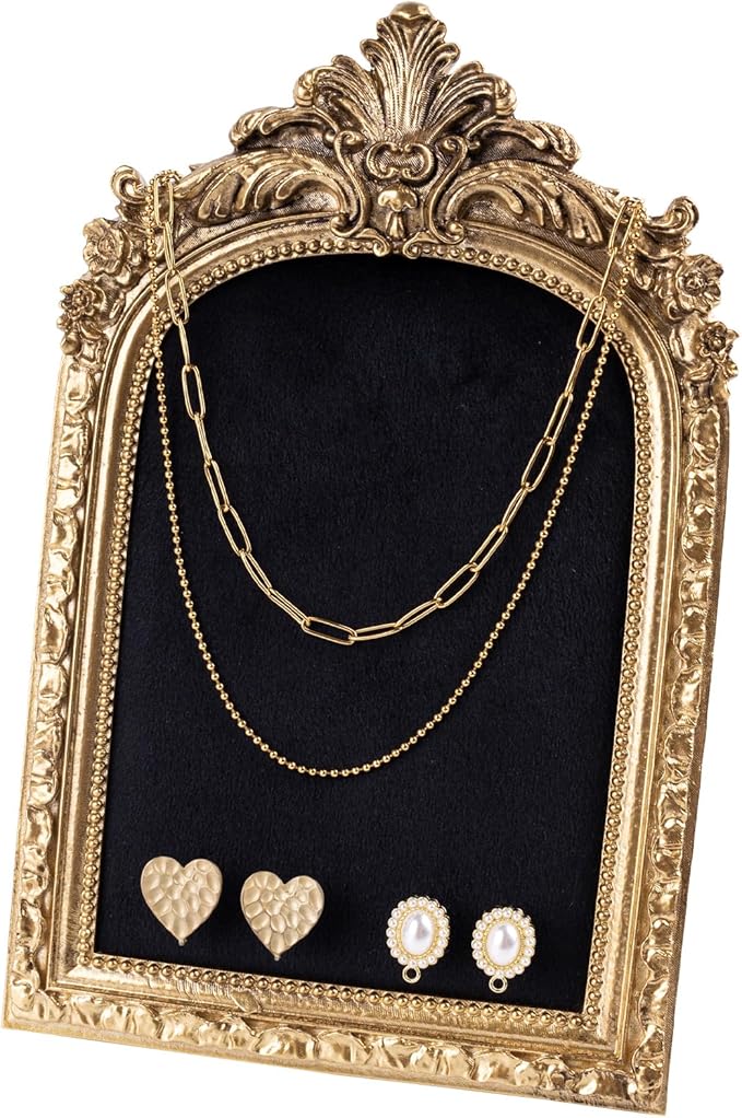 Framendino, Gold Resin Jewelry Display Stand Frame Organizer Vintage Velvet Storage Box for Necklace Earring Photography Props Women Gifts