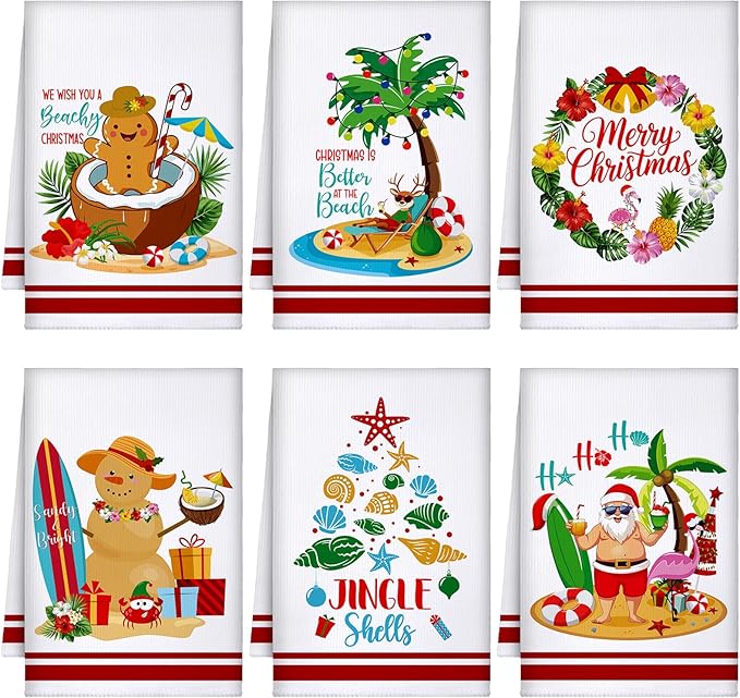Preboun 6 Pcs Beach Christmas Kitchen Towels Hawaii Tropical Decorative Hand Towels Santa Gingerbread Man Merry Christmas Dish Cloth Farmhouse Tea Cloth Bathroom Decor