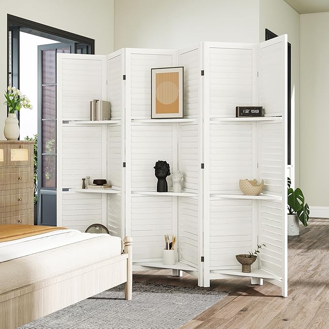 HOMCOM Room Divider, 6 Panel 67" Tall Wood Privacy Screen with 3 Display Shelves, and Folding Storage for Bedroom or Home Office, White