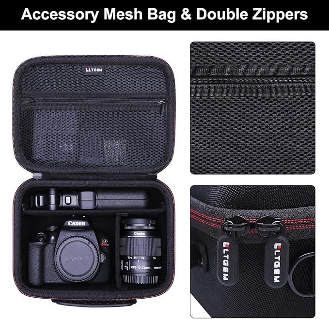 Camera Case Compatible with Canon EOS Rebel T7/R50/R6 Mark II/R100/R50 V/T6/R8/R10/R5 Mark II/RP/R7/5D Mark IV/SL3/R5/T100 DSLR SLR Camera, Len and Tripod with 4 Dividers and Shoulder Strap, Black