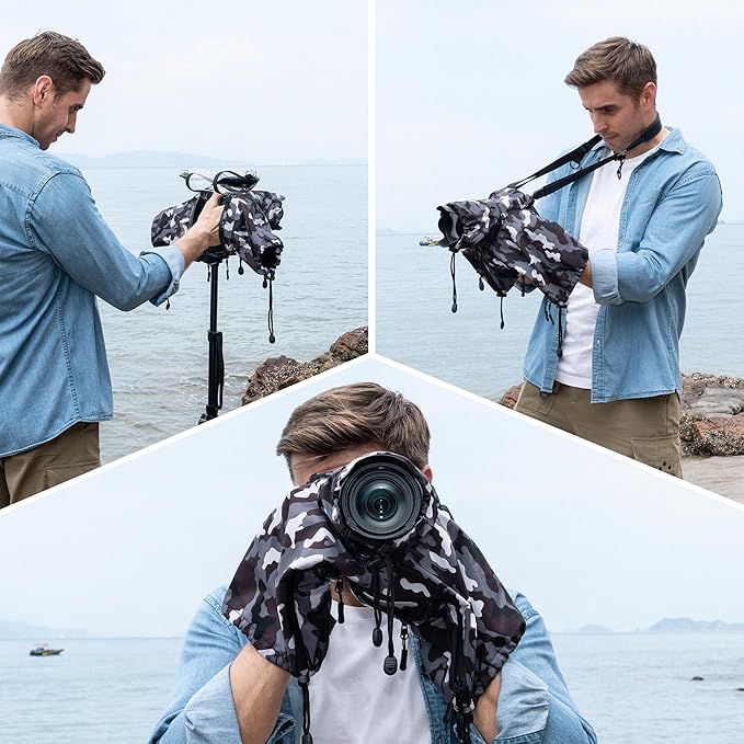 JJC Camera Rain Cover Sleeve for Canon Nikon Sony Fujifilm Mirrorless Camera with Lens Below 7.1x5.5x9.1” (WxHxD), Nylon Camera Rain Coat Protector with Zippered See Through Windows-Camouflage Gray