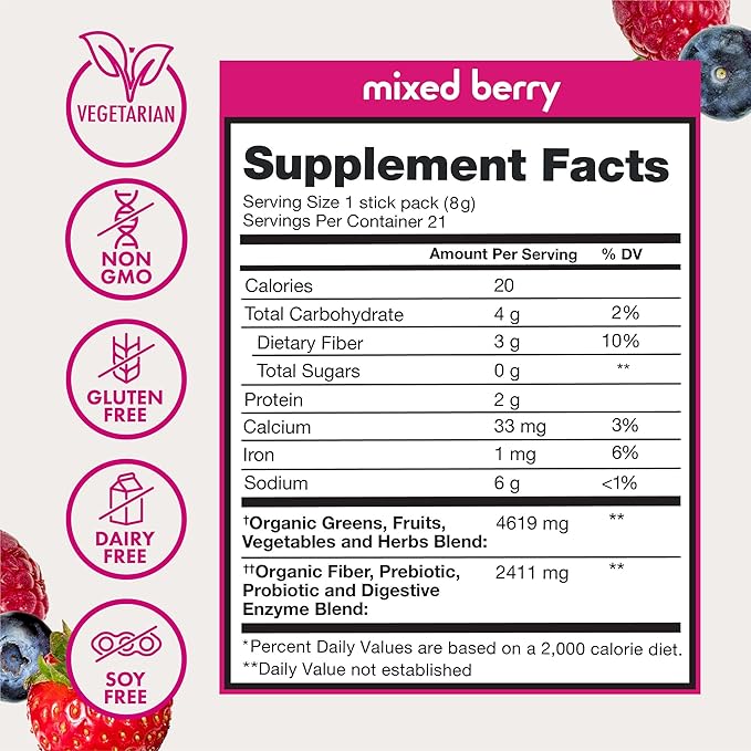 Zena Nutrition Organic Super Greens Powder Variety Pack, 70+ Superfoods, 0 Sugar, 3G Fiber, Spirulina, Chlorella, Antioxidants, Prebiotics/Probiotics, Digestive Enzymes, 21 Drink Mix Packets