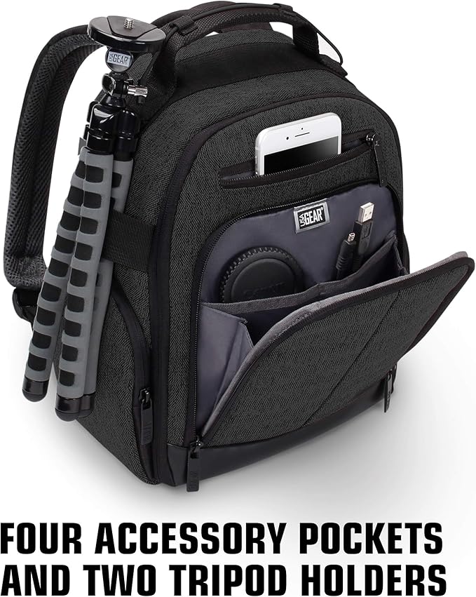 USA Gear Portable Camera Backpack for DSLR with Customizable Accessory Dividers, Weather Resistant Bottom and Comfortable Back Support - Compatible with Canon, Nikon, Sony, Fujifilm, and More (Black)