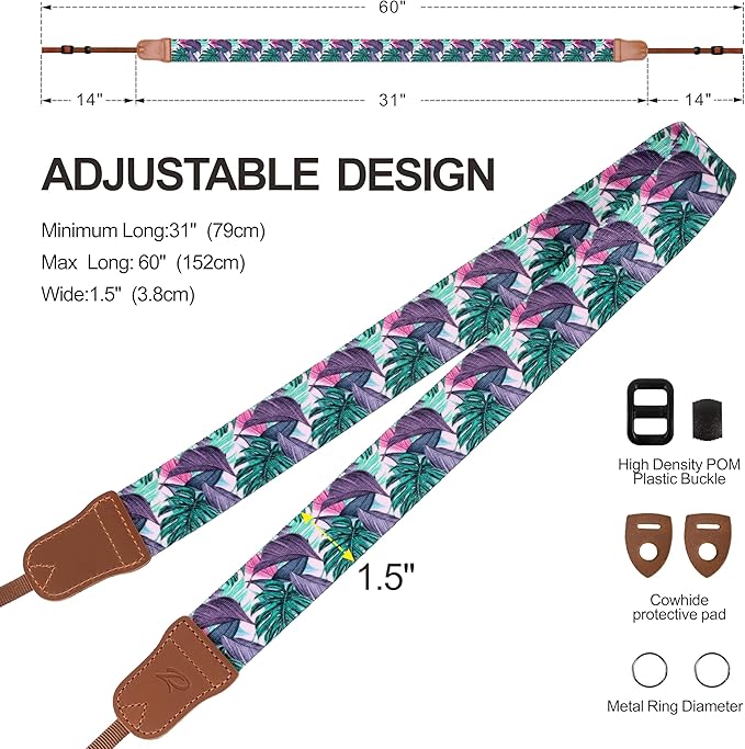 Padwa Lifestyle Camera Strap - 1.5" Soft Nylon Print Crazy Horse Cowhide Head Camera Straps for Photographers and All Cameras,Cute Adjustable Vintage Woven Strap for Adults & Kids(Green Leaf)
