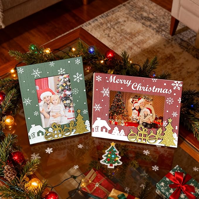 kennethan Christmas Red&Green Frame 4x6 Picture Frame with Gold Christmas Tree Decoration 2 Pack Wooden Frame with Glass can Display 4x6 Picture on the Table