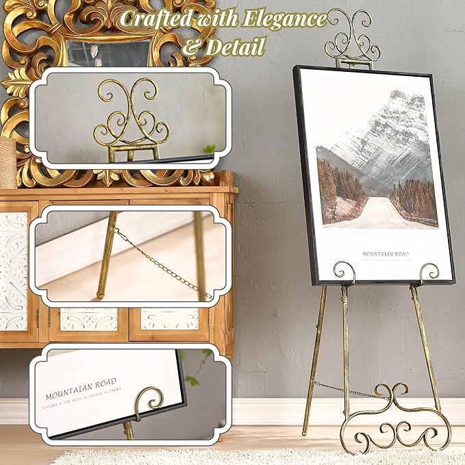 57”H Metal Easel Stand for Sign Rustic, Upgrade Large Free Standing Adjustable Display Scroll Easel Stand, Heavy Duty for Mirror Pictures Wedding Holder Showcasing with Chain Support