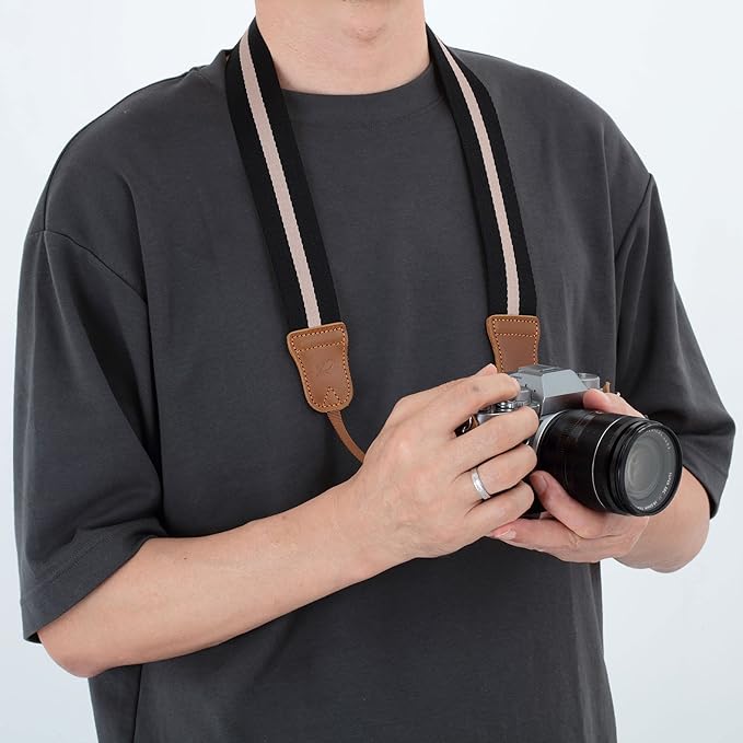 Padwa Lifestyle Black Striped Camera Strap - 1.5" Double Crazy Horse Cowhide Head Cotton Camera Straps,Adjustable Neck Shoulder Universal Woven Straps for All DSLR Cameras and Photographers Gift