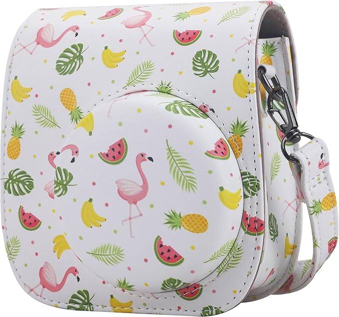 Frankmate Protective Case Compatible with Fujifilm Instax Mini 12 11 9 8 Instant Film Camera with Pocket and Adjustable Strap (Fruit Flamingo)