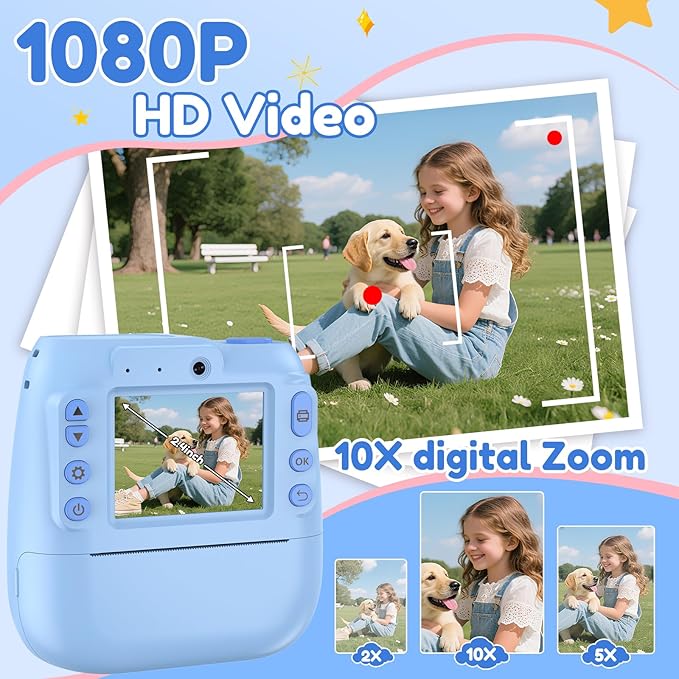 Kids Camera Instant Print, 2.4 Inch Screen Kids Instant Cameras, 1080P Video Recording, Christmas Birthday for Girls Age 3-12, with 3 Rolls Print Paper & 32GB Card, Blue