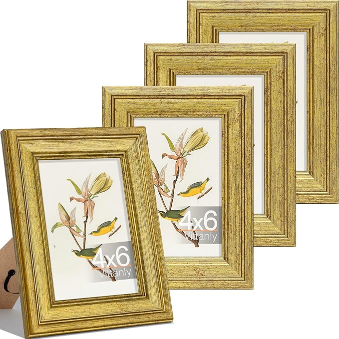 Vittanly 4x6 Picture Frame Set of 4, Vintage Photo Frame for Wall or Tabletop, Display 4x6 Pictures, Rustic Farmhouse Home Decor, Gold