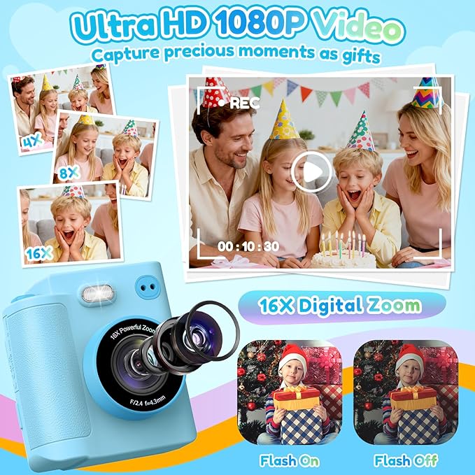Kids Camera Gift for Boys Girls: Digital Camera Instant Print Support Dual HD Video Toys for Kids Teen Boys Girls Ages 3 4 5 6 7 8 9 10 11 12 Birthday Christmas Valentines Gifts with 32G SD Card Blue