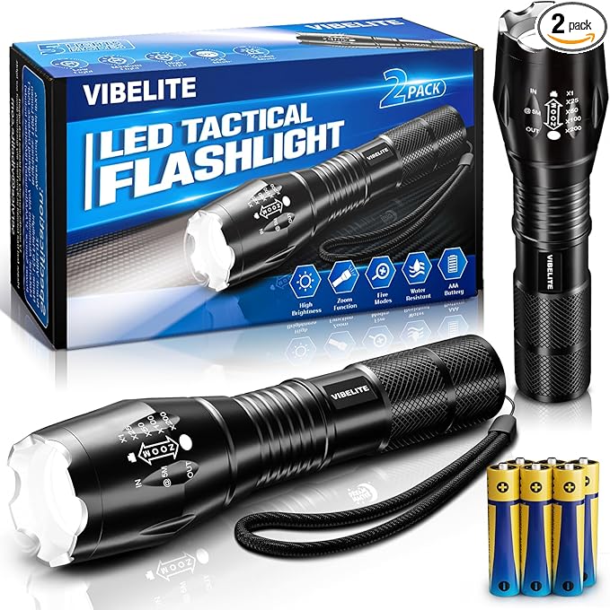 VIBELITE LED Flashlight High Lumens, 5 Modes Zoomable Waterproof Tactical Flashlight for Hiking, Camping Emergency, Cool Gadget Valentines Day Gifts for Him, Men, Teen Boys, Husband, Dad, 2 Pack