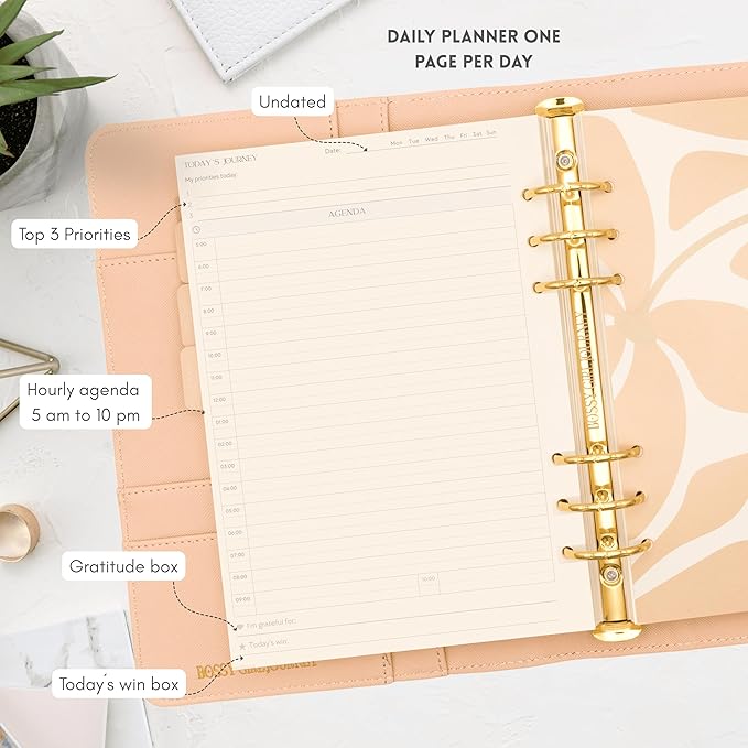 Bossy Girl Journey - A5 Daily Planner Binder – Undated Time Blocking Refillable Organizer for Women with 110gsm Paper, PU Leather Cover, Stickers, Dividers, Pen Loop, Gift Box – Goal Setting & Productivity (Beige)