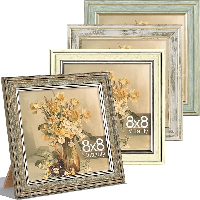 Vittanly 8x8 Picture Frame Set of 4, Vintage Photo Frame for Wall or Tabletop, Display 8x8 Pictures, Rustic Farmhouse Home Decor, Multicolour