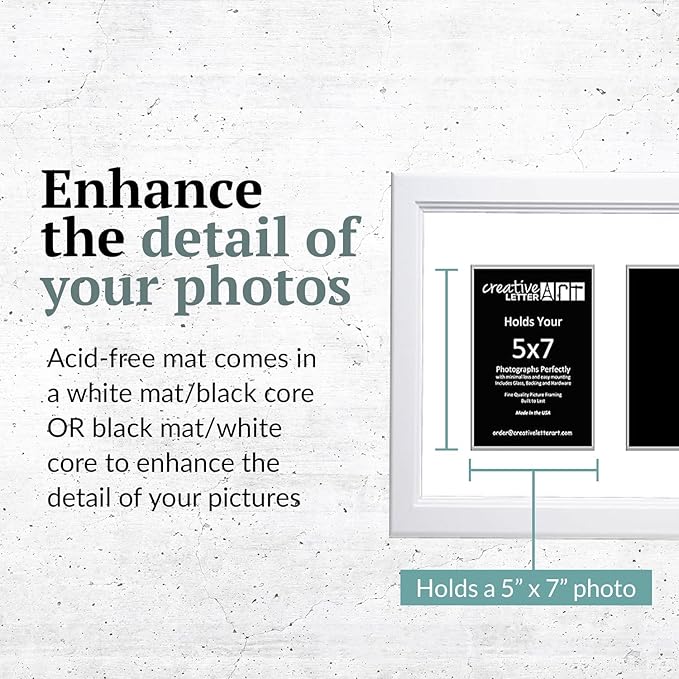 Creative Letter Art 2 Opening Glass Face White Picture Frame to hold 5 by 7 inch Photographs including 10x16-inch White Mat Collage