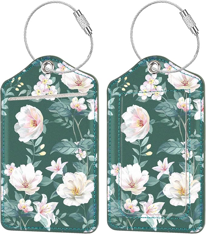 (Set of 2) Luggage Tag Leather Privacy Cover ID Label Address Card with Stainless Steel Loop, Travel Bag Tags Suitcase Labels, Alpine Green
